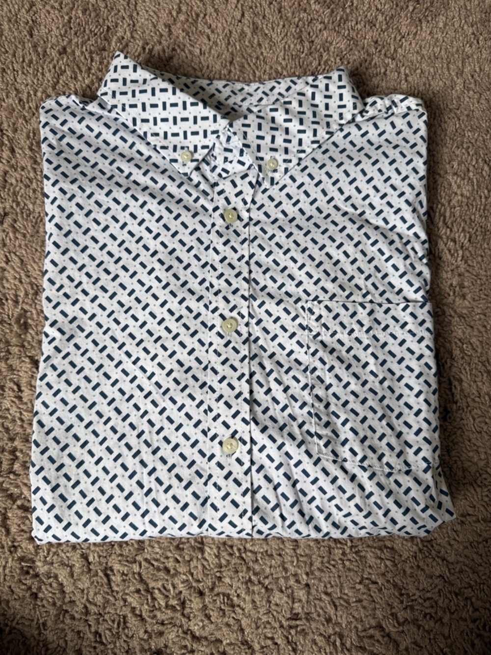 Men's White Button-Down Shirt with Navy Geometric Print